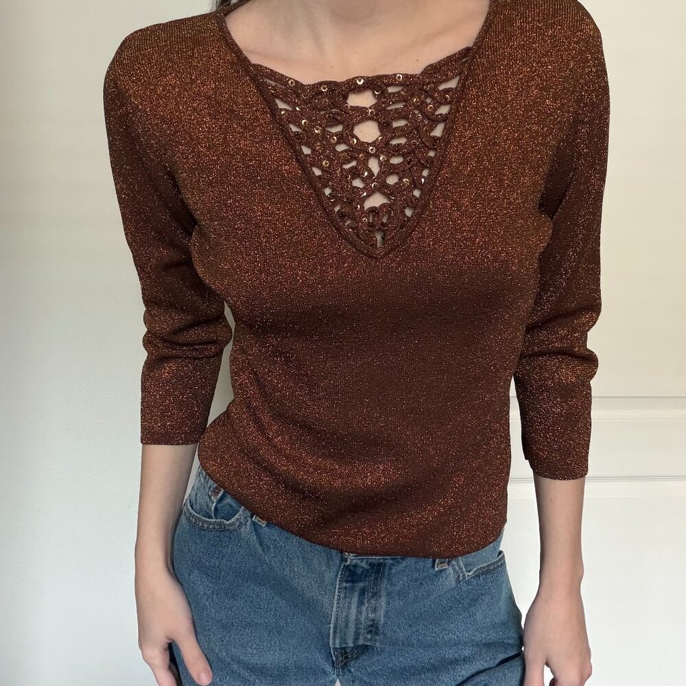 Dressbarn Copper Metallic Shimmer Lace Front Knit Top Small
